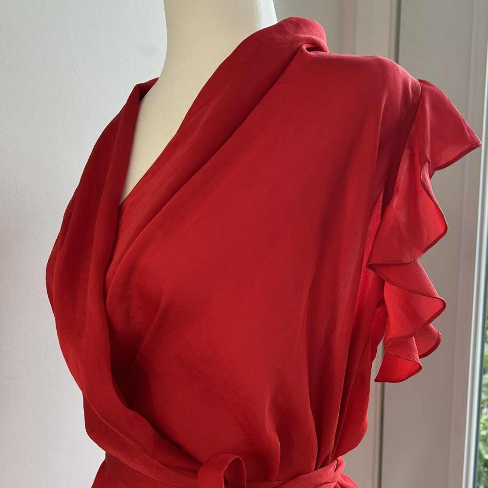 Armani Exchange Poppy Red Satin Side-Tie Wrap Blouse with Flutter Sleeves – US M - Picture 3 of 11
